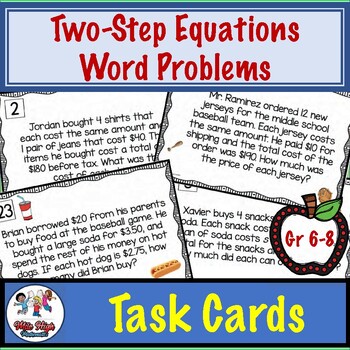 Preview of Two Step Equations Task Cards | Word Problems | Practice Activity