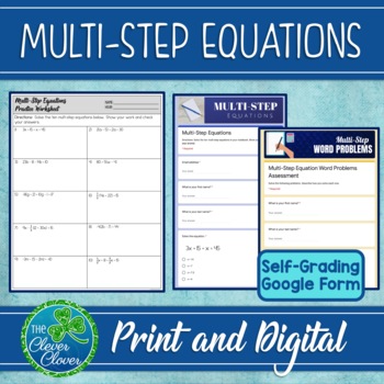 Preview of Multi-Step Equations Worksheets & Assessments (Digital and Print)
