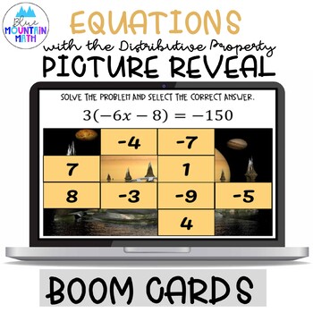 Preview of Multi Step Equations: Distributive Property Picture Reveal Boom Cards