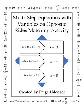 Preview of Multi-Step Equations with Variables on Opposite Sides Matching Activity