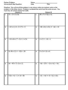 Preview of Multi-Step Equations with variables on both sides Partner Worksheet