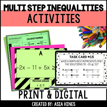 Preview of Solving Multi Step Inequalities Activities and Worksheets 8th Grade Algebra 1