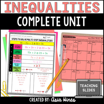 Preview of Solving Multi Step Inequalities Notes Worksheets + Activities Unit 8th Grade