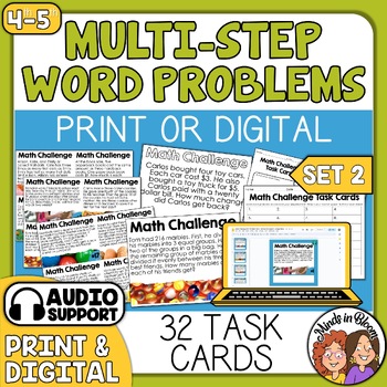 Preview of Multi-Step Math Word Problems Task Cards Print and Digital Math Stories Set 2