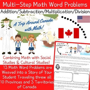 Preview of Multi-Step Math Word Problems combined with Social Studies, Story on Canada