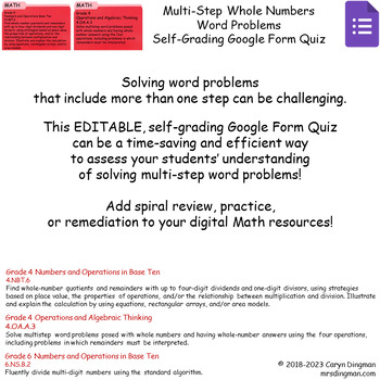 Preview of Multi Step Word Problems with Whole Numbers Self Grading Google Form Quiz