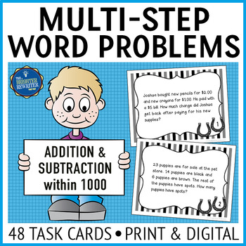Preview of Multi Step Word Problems Addition and Subtraction Math Task Cards