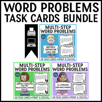 Preview of Multi-Step Word Problems Math Task Cards Bundle