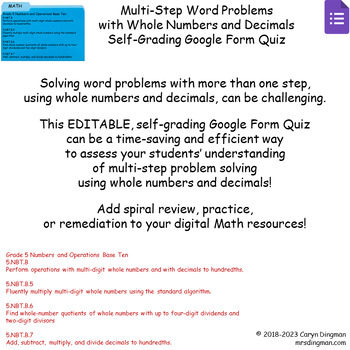 Preview of Multi Step Word Problems with Whole Numbers and Decimals Google Form Quiz