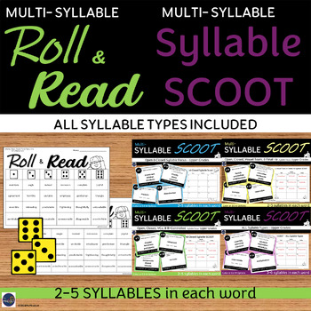 Preview of Multi-Syllable Roll & Read Game AND Scoot Decoding Activity Grades 4-7 No Prep