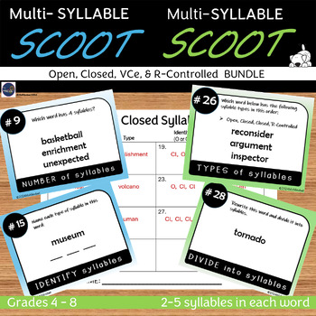 Preview of Multi-Syllable Words SCOOT Games Decoding Activity for Grades 4-8 No Prep EOY