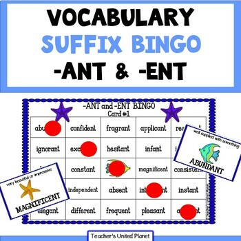 Preview of Suffix Reading Games/Vocabulary - Multisyllabic - ANT & - ENT Bingo + Easel