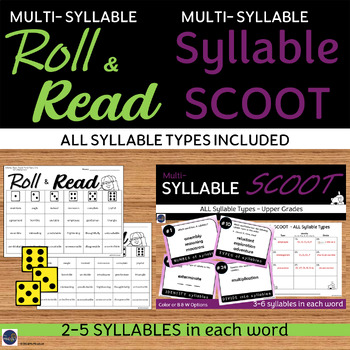 Preview of 2 Games Multi-Syllable Words Roll & Read AND Scoot Decoding Activity Grades 4-7