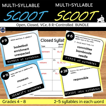 Preview of 2 Multi-Syllable Words SCOOT Games Decoding Activity Grades 4-8 No Prep EOY