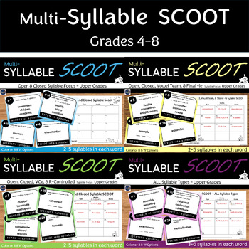 Preview of 4 Multi-Syllable Words SCOOT Games Decoding Activity for Grades 4-8 No Prep