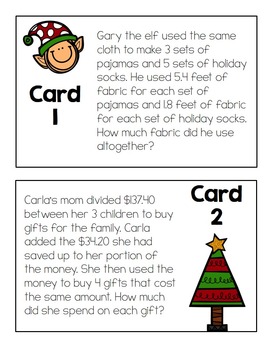 Multi-step Constructed Response Decimal Task Cards for Holidays / Christmas