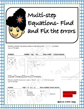 Preview of Multi-step Equation- Find and Fix Errors (in Algebra)