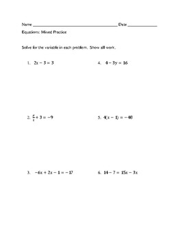 Multi-step Equations Mixed Practice with Answer Key | TPT