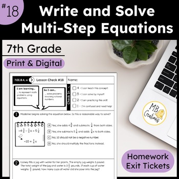 Preview of Multi-step Equations Variable on One Side Worksheets - iReady Math 7th Grade L18