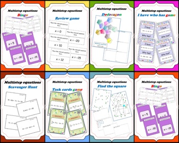Preview of Multi step equations BUNDLE PACKAGE Task cards, Bingo and other games.