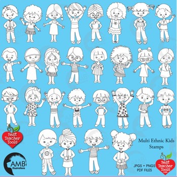 Preview of Multicultural Kids Stamps Clipart, Black Line Clipart, AMB-2318