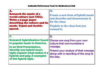 Preview of Multicultural Music Unit Assessment Tasks