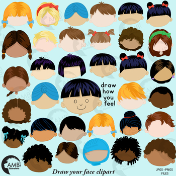 Preview of Multicultural faces, Feelings Clipart in color, draw how you feel, AMB-2123