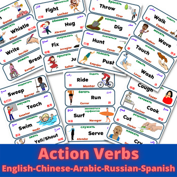 Preview of Multilingual Action Verbs Flashcards in English Spanish Arabic Chinese Russian
