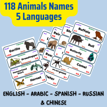 Preview of Multilingual ESL Animals Labels Flashcard English Chinese Arabic Russian Spanish