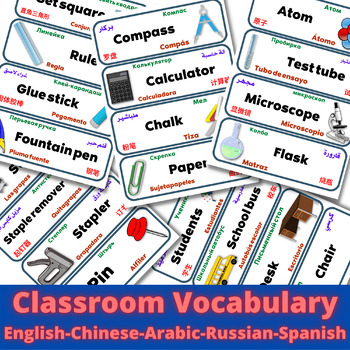 Preview of Multilingual ESL Classroom vocabulary in English Arabic Spanish Chinese Russian