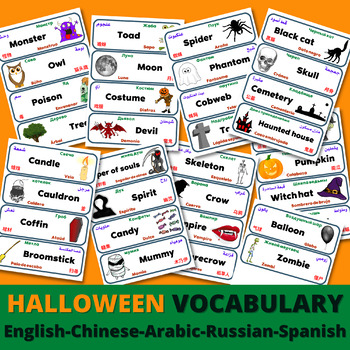 Preview of Multilingual ESL Halloween Vocabulary Flashcards Word Wall Labels
