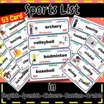 Preview of Multilingual ESL Sports List Flashcards English-Spanish-Arabic-Russian-Chinese