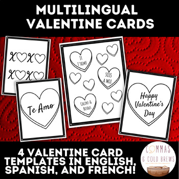 Preview of Multilingual Student Valentine Cards | English, French, Spanish | Print and Go!
