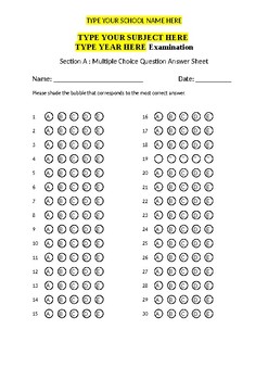 Preview of Multiple Choice Questions Answer Sheet