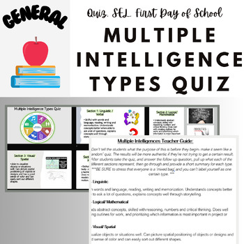 Preview of Multiple Intelligences Quiz, Teacher Guide and PowerPoint *first day/icebreaker*