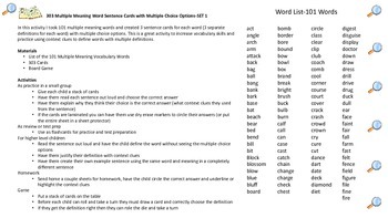 Preview of Multiple Meaning Word Sentence Cards with Multiple Choice Options (303 Cards)