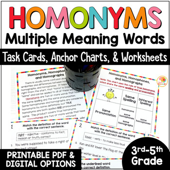 Preview of Homonyms Task Cards, Anchor Charts Worksheets Activities: Multiple Meaning Words