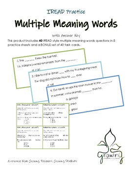 Preview of Multiple Meaning Words: 3rd Grade Worksheets and Task Cards (IREAD Style)