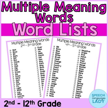 Preview of Multiple Meaning Words Lists | 2nd - 12th Grade