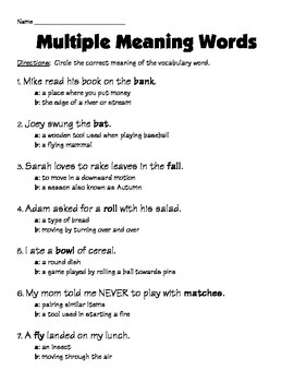 Preview of Multiple Meaning Words PRINTABLE (L 2.4)