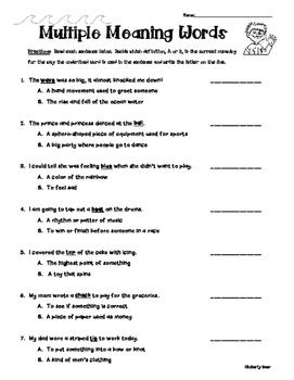Multiple Meaning Words Practice Worksheet by 4 Little Baers TPT