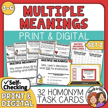 Preview of Multiple Meaning Words Task Cards | Set 2 | Print & Digital | Homonym Practice!
