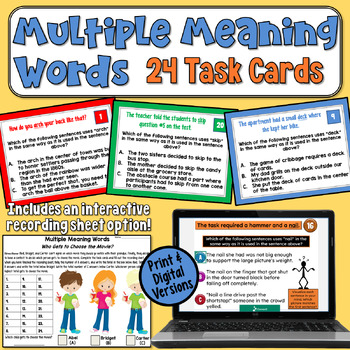 Preview of Multiple Meaning Words Task Cards: Homographs Practice for 3rd, 4th, & 5th