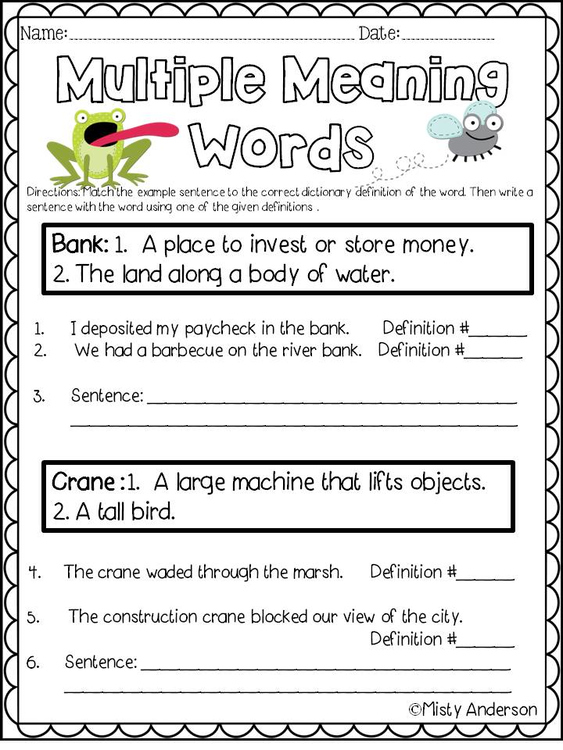 Vocabulary Multiple Meaning Words Worksheets