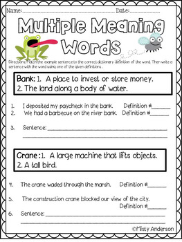 Multiple Meaning Words Worksheet by Misty Anderson | TpT