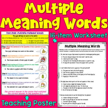 Preview of Multiple Meaning Words Worksheets & Poster for Test Prep: Print and Digital