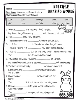 Multiple Meaning Words Worksheet Multiple Meaning Activity TPT