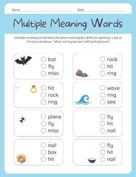 Preview of Multiple Meaning Words Worksheet in a Colorful and Greyscale