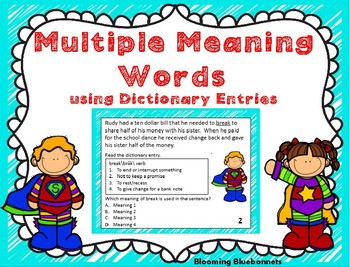 Preview of Multiple Meaning Words using Dictionary Entries - PDF-Digital- Distance Learning