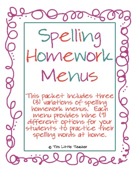 spelling homework menu 2nd grade